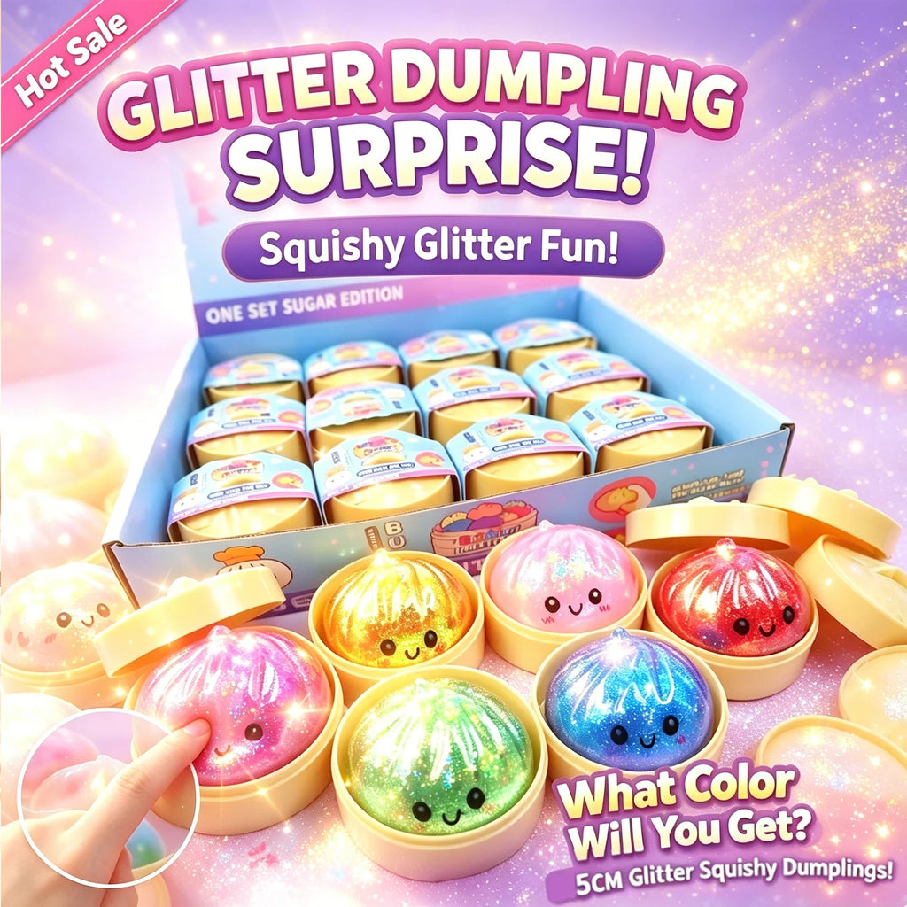 New Glitter Dumpling Squishy Sparkle Bead Steamed Bun Squeeze Toy Stress Relief Sensory Fidget Toy with Box for Adults Office
