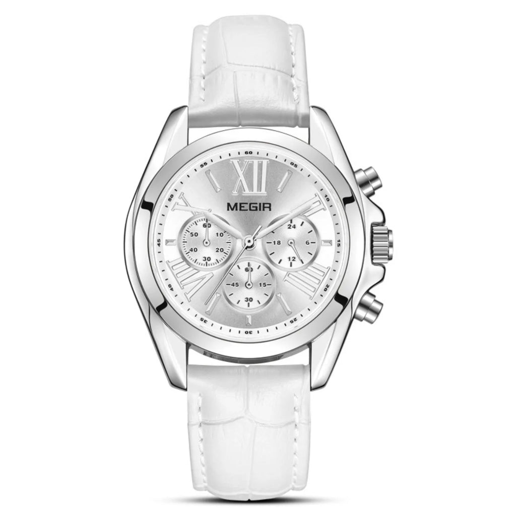 MEGIR New Luxury Leather Watch Women Female Top Brand Chronograph Quartz Wristwatch Lady Relogios Femininos Clock 2114 White