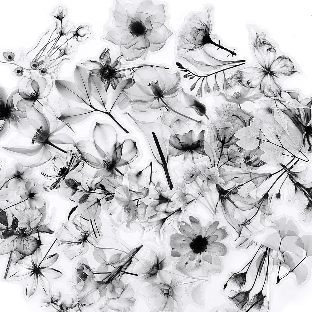 50PCS Black and White Transparent Flowers Graffiti Sticker Flowers Cartoon PET Decal Cup Notebook Phone Guitar Fridge Kid Toys