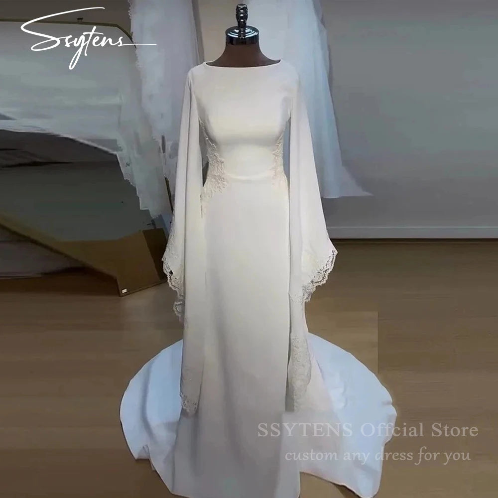 SSYTENS Modest Wedding Dresses Long Sleeves Boho Bride Dress O-Neck Appliques Muslim Bridal Gowns Customized Vestidos De Novia