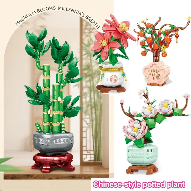 Simulated Persimmon/Flower/Bamboo Model Building Blocks Chinese-style Potted Plant Assembled Room Decoration DIY Mini Bricks Toy