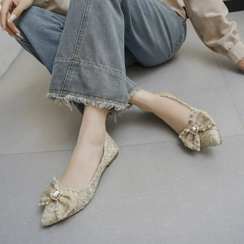 Flat Shining Shoes Womens 2026 New Bow Knot Rhinestone Fairy Style Casual Commuting Womens Comfortable Shoes Woman Shoes