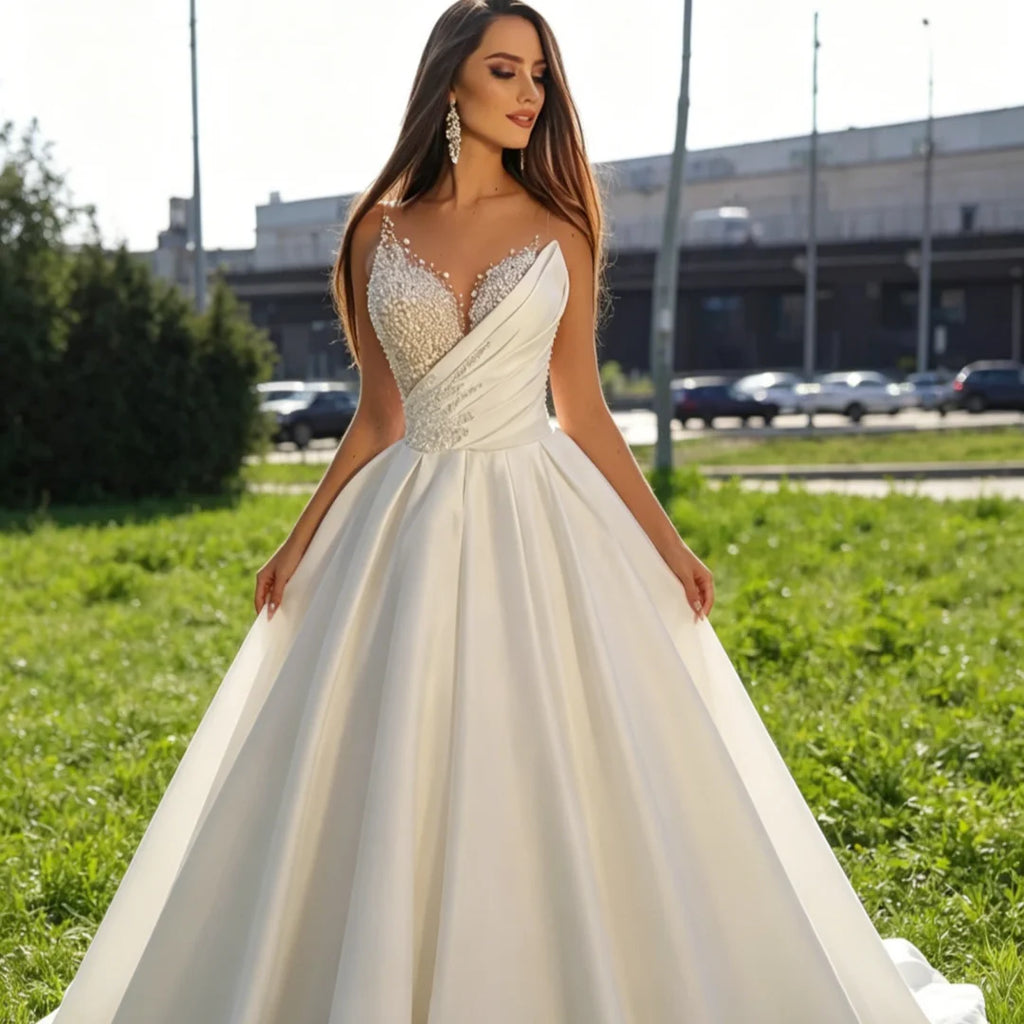Sweetheart Beaded Satin Ball Gown Wedding Dress Off Shoulder A-Line Bridal Gown with Cathedral Train