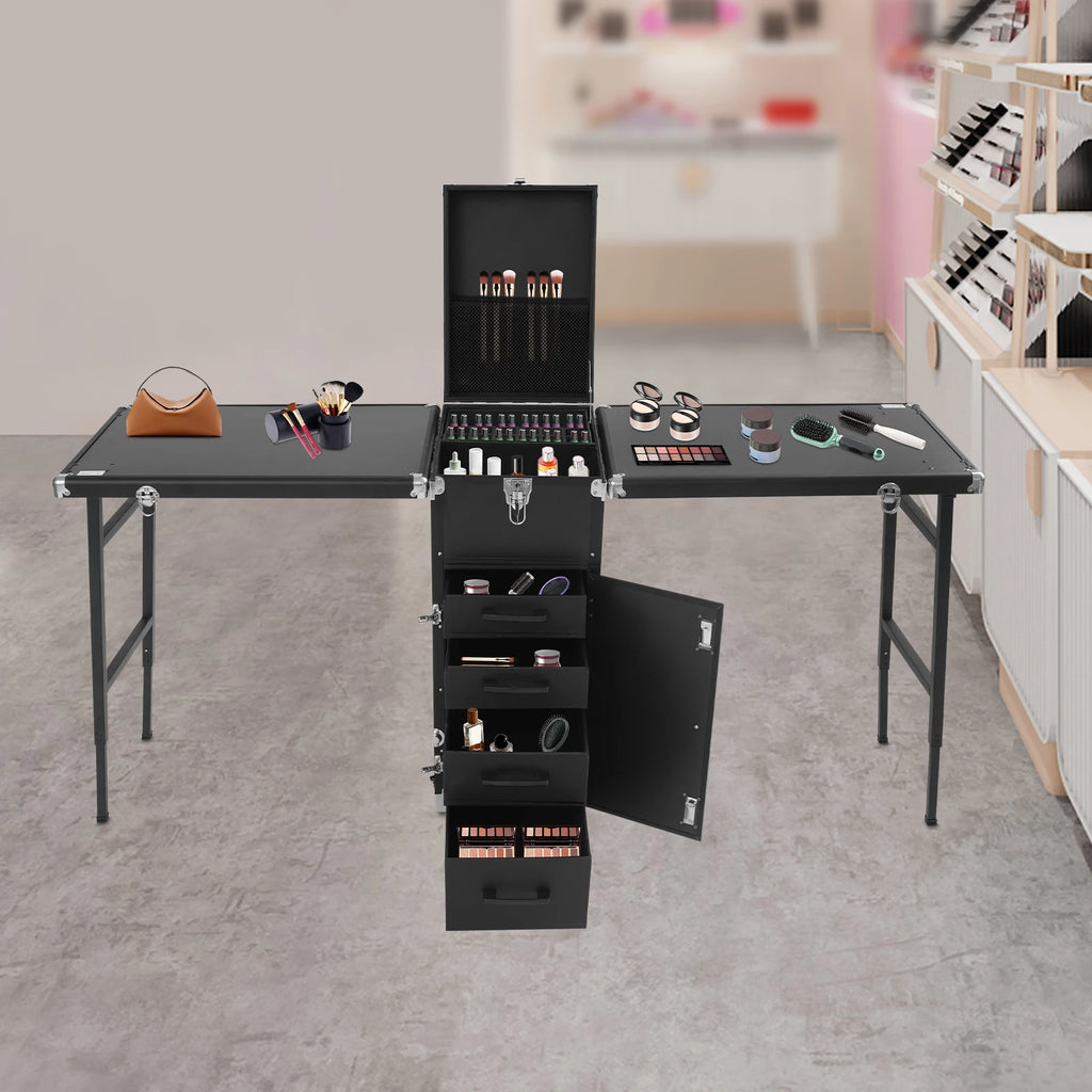 Portable Nail Table Desk Rolling Makeup Cosmetic Case 100kg Load Aluminum Alloy 4 Wheels with Brakes Foldable Side Tables 2 Keys 2 Codes Lockable Organizer for Nail Technician Makeup Artist Salon Home Travel