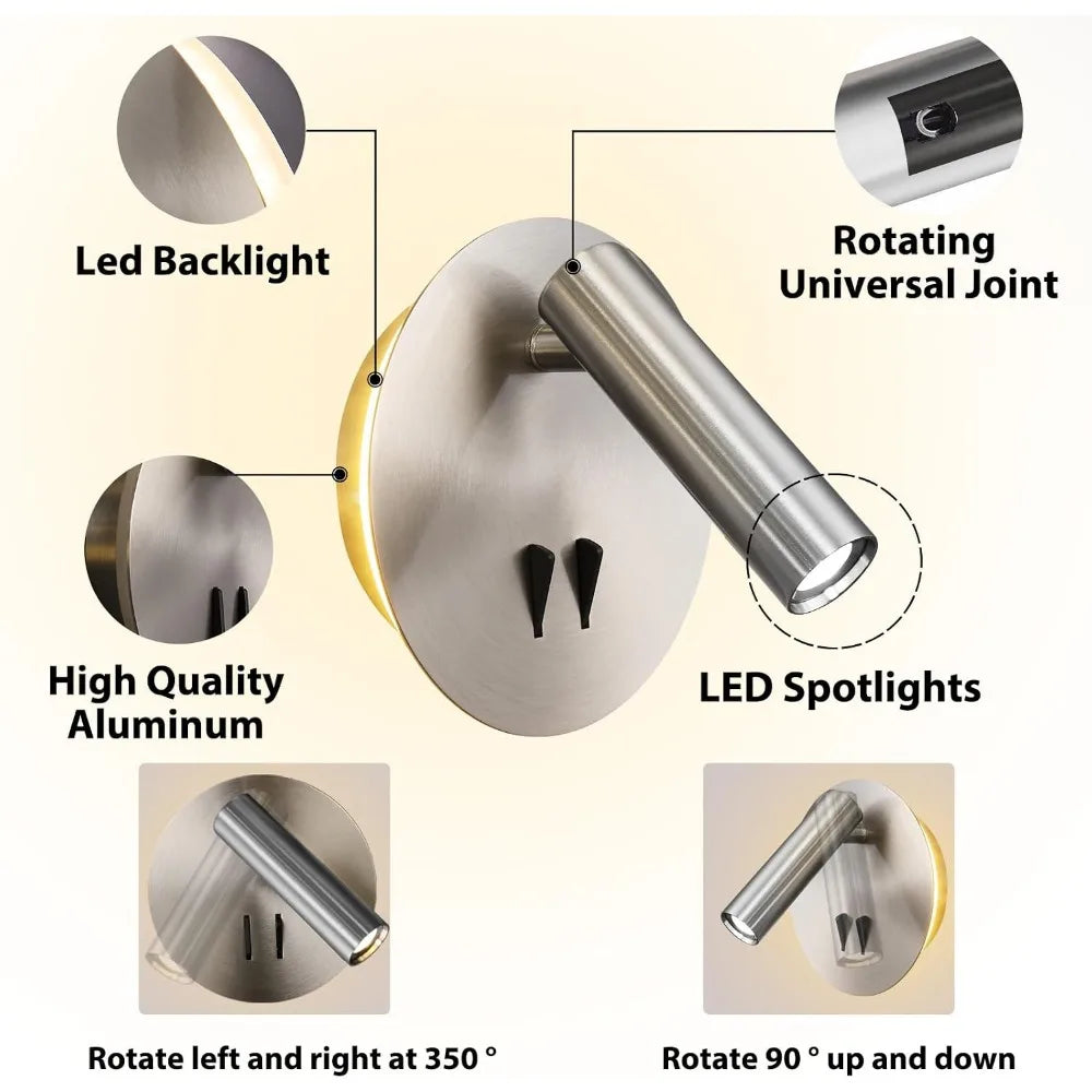 Modern Wall Mount Reading Light for Bedside with On-Off Switch, Brushed Nickel Sconce for Bedroom