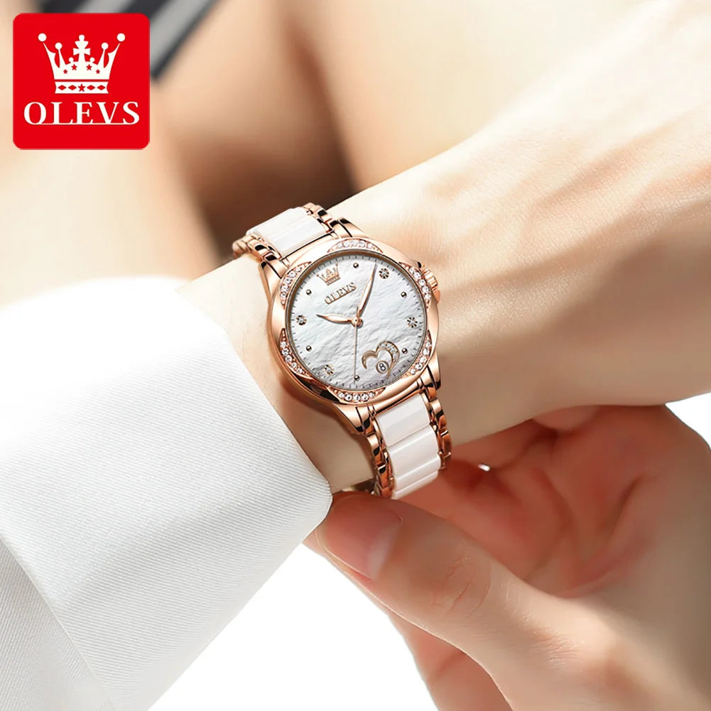 OLEVS Elegant Fashion Women's Watches Ceramic Strap Original Brand Automatic Mechanical Wristwatch for Lady Waterproof Date Love