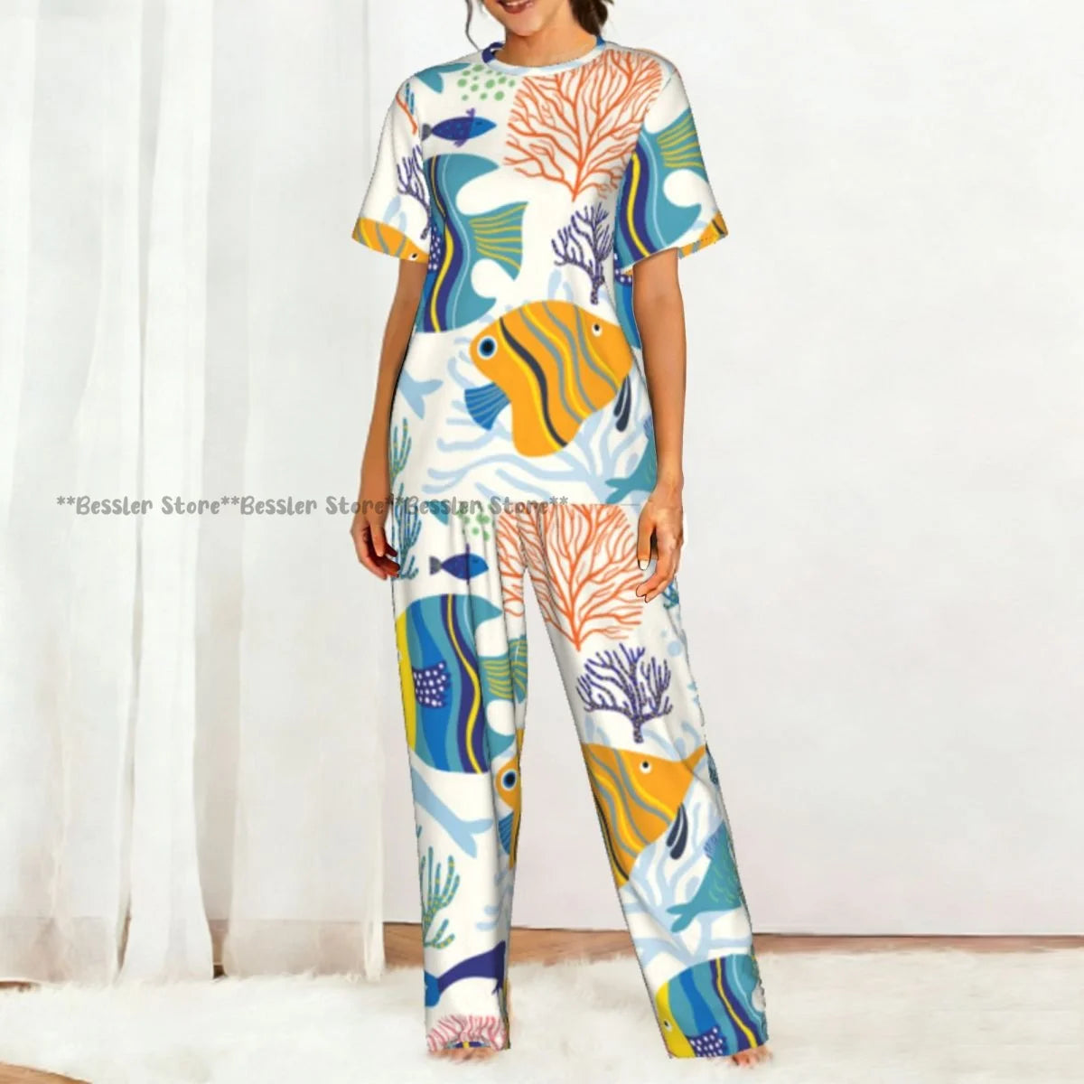 Women's Colorful Fish short sleeve trousers casual pajamas set
