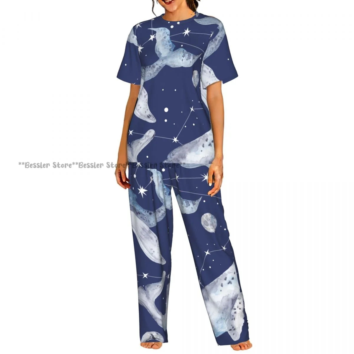 Women's Whales And Constellation Stars Watercolor short sleeve trousers casual pajamas set