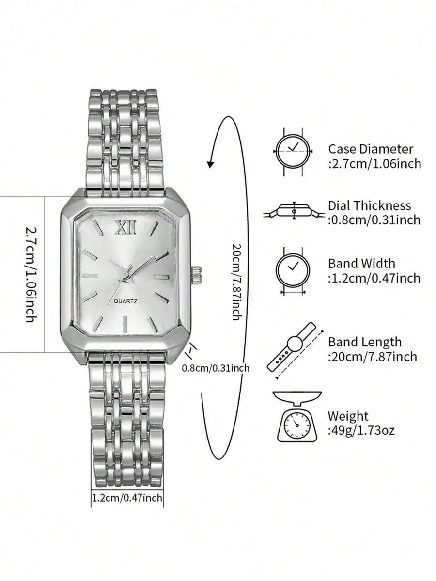 2pcs/Set Women's Fashion Casual Square Minimalist Dial Elegant Quartz Watch + Bracelet, Gift (Watch Box Not Included)