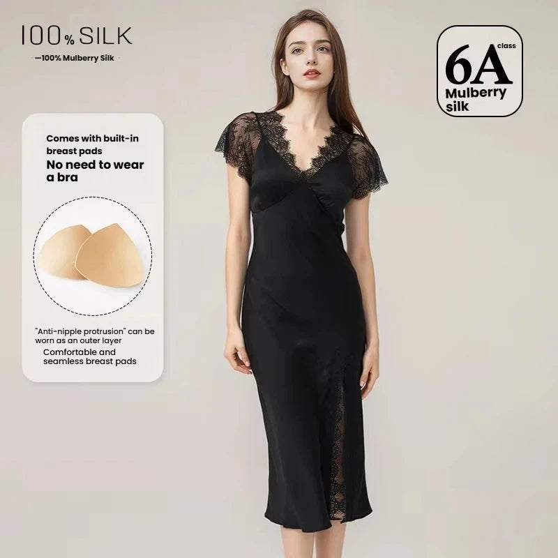 Women Sexy Lace Silk Nightdress 19 Momme Mulberry Silk Slit Design With Chest Pad Sleepwear Outdoor Dress