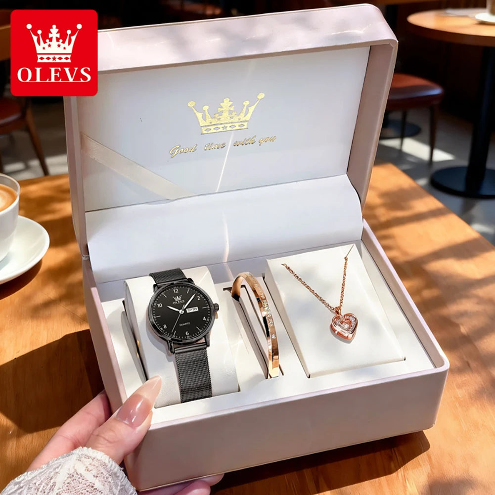 OLEVS 2996 Women Watches Original Elegant Slim Quartz Watch Waterproof Dual Calendar Display Watches For Woman Gift Box Reloj