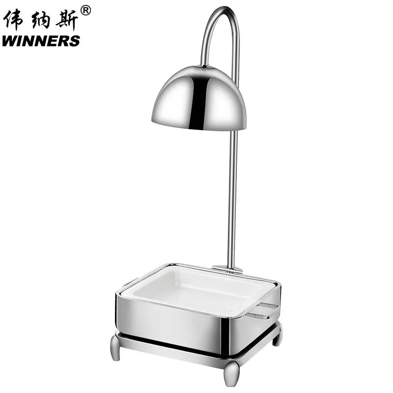 Luxury Silver 304 Stainless Steel Buffet Food Heat Preserving Lamp Food Warmer Set with Ceramic Food Basin for Wedding