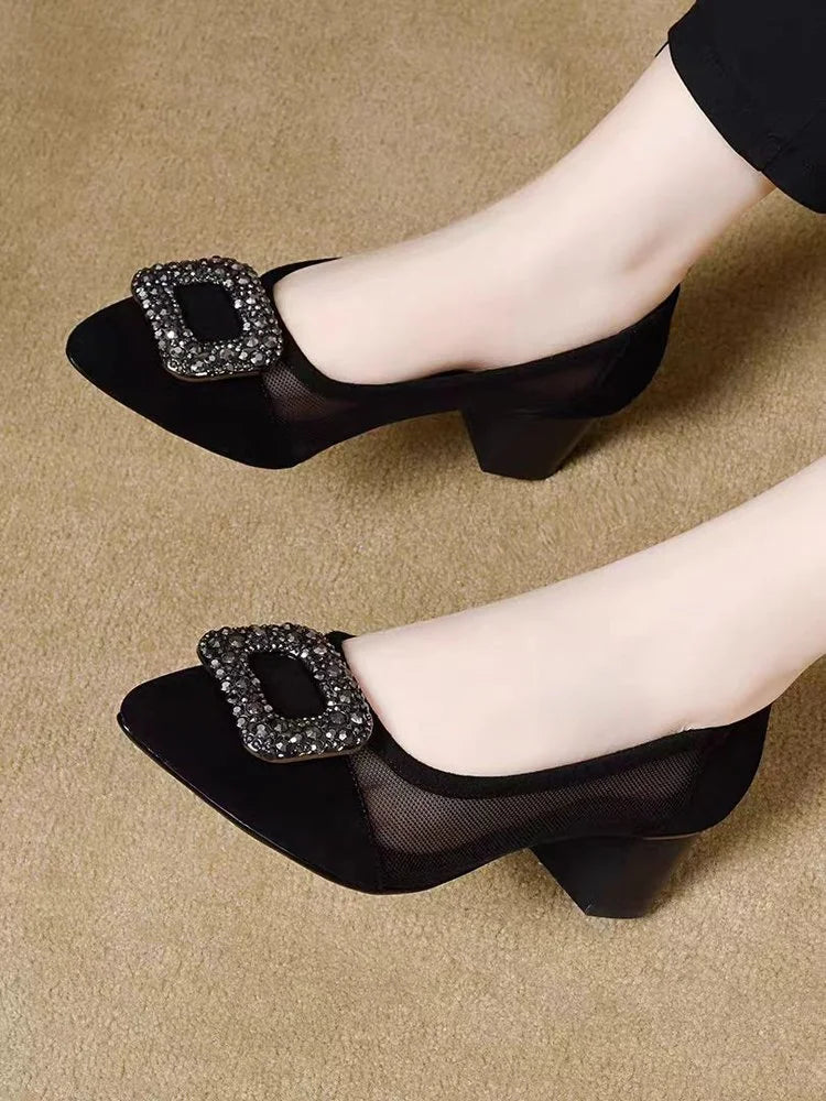 Elegant Pointed Toe Mesh Block Heel Pumps, Rhinestone Square Buckle Decorated Shallow Shoes,  Breathable Office Shoes for Women