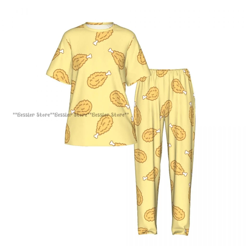 Women Pajama Sets Lounge Sleepwear Crispy Fried Chicken Pattern Short Sleeve Nightwear