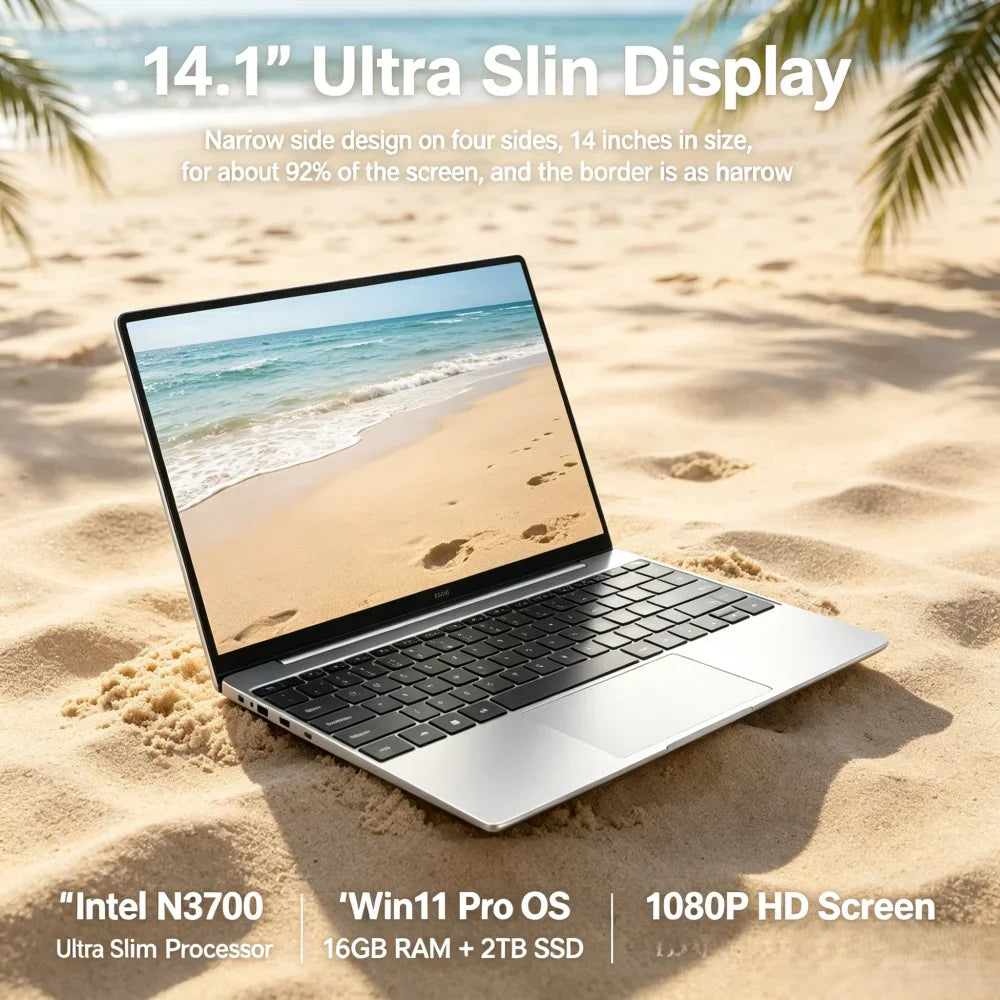 14.1" Ultra Slim Laptop Intel N3700 Win11 Pro 16GB RAM 2TB SSD 1080P HD Business & Gaming Notebook