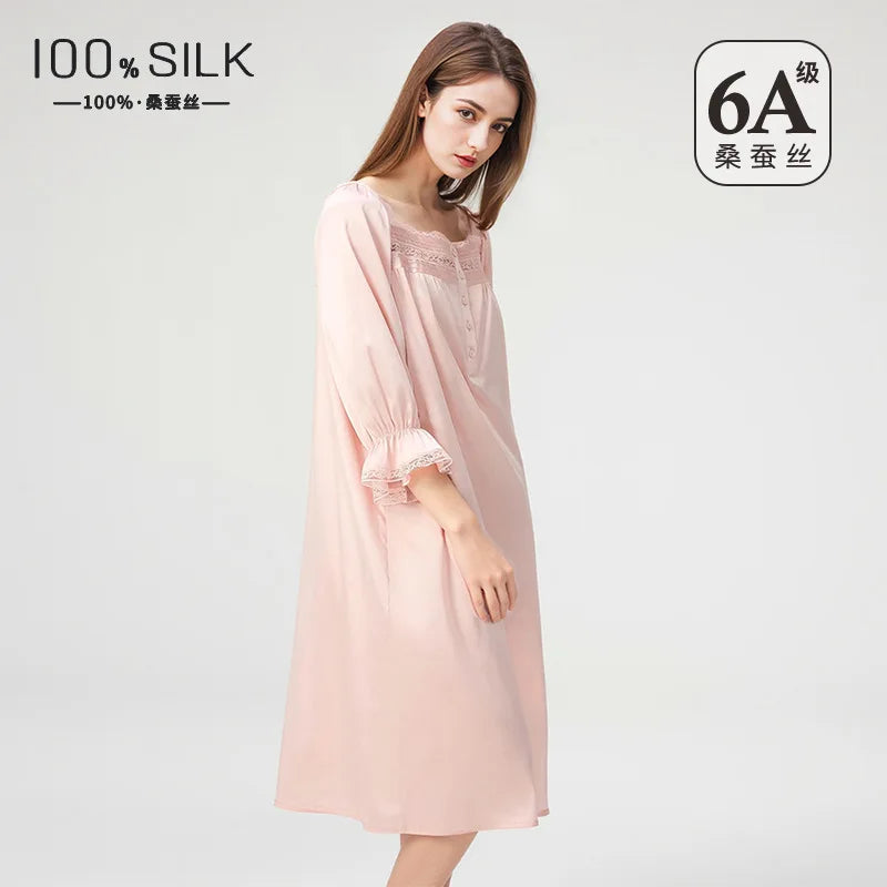 Summer New Women 100% Mulberry Silk Nightgown French Square Neck Puff Sleeve Loose Princess Dress Luxury Home Loungewear