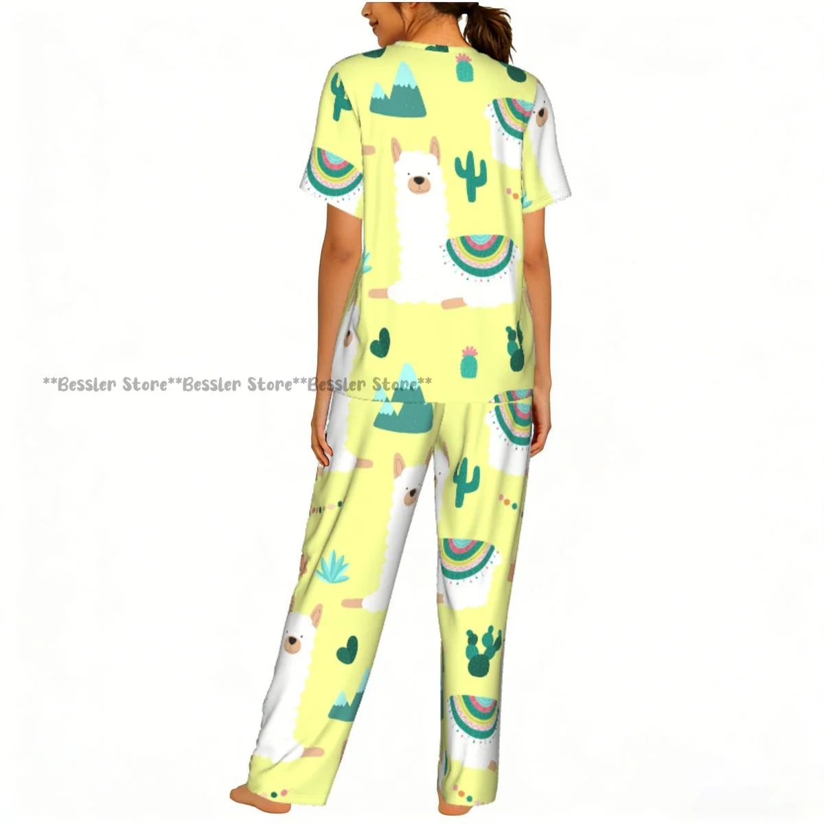 Women Pajama Sets Lounge Sleepwear Fun Llamas Cacti Mountains Garlands Short Sleeve Nightwear