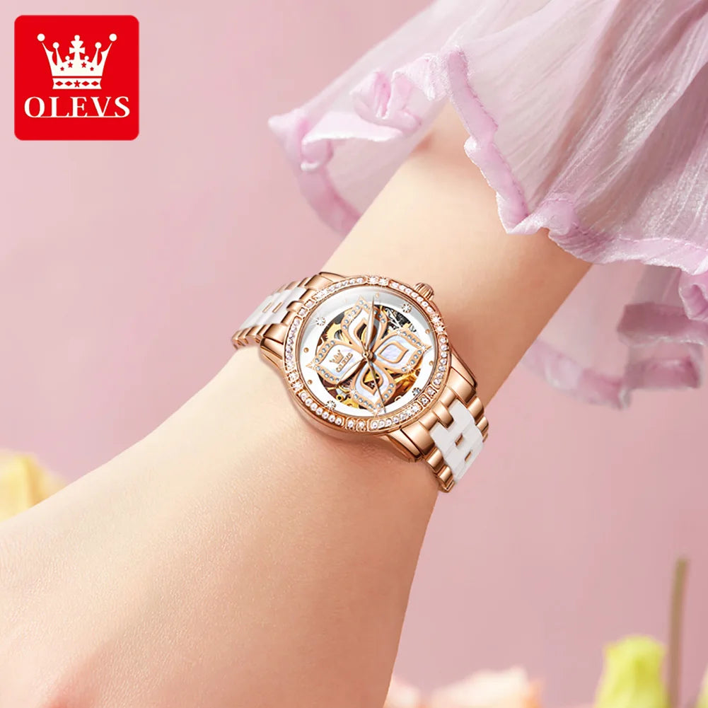 OLEVS 6612 Fashion Women's Watches Lucky Four-Leaf Clover Dial Original Brand Automatic Mechanical Wristwatch Ceramics Strap