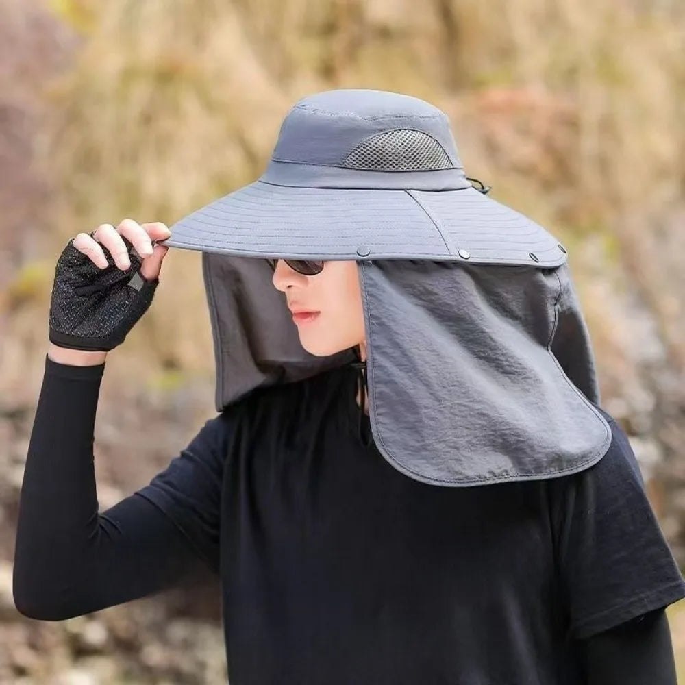 Fashion Cloth Men Sun Hat Big Brim Removable Shawl Women Visor Cap With Lanyard Neck Protection Fisherman Hat Fishing