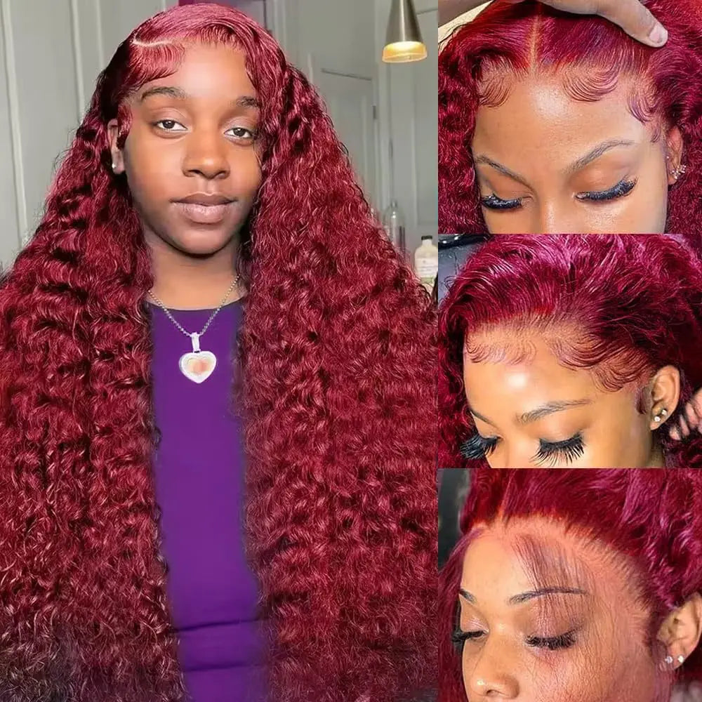 200 Density Burgundy Deep Wave Human Hair Wig 99J Colored 13x4 13x6 HD Water Curly Wave Full Lace Frontal Wigs For Women 46 Inch