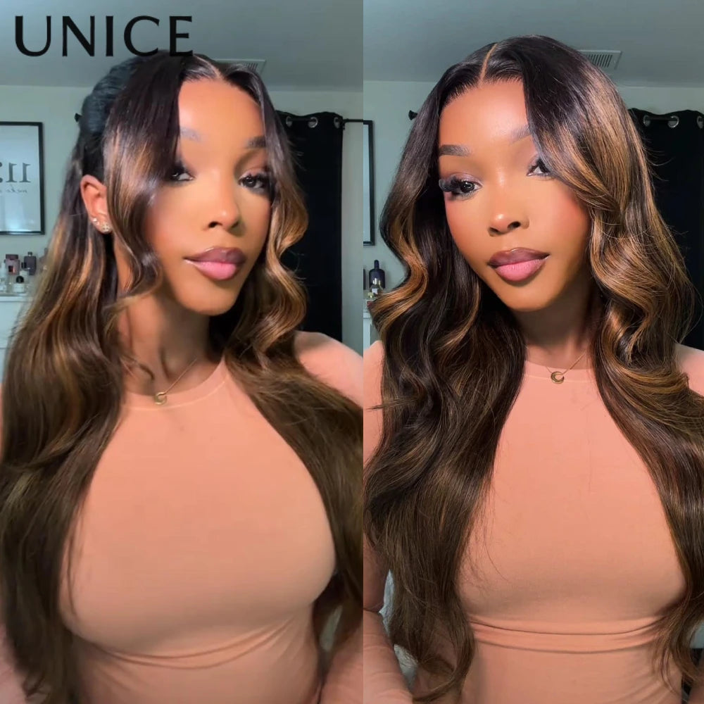UNICE 7x5 Pre Cut Lace Balayage Brown Body Wave Glueless Wig Pre Plucked Bleached Knots Natural Hairline 100% Human Hair Wigs