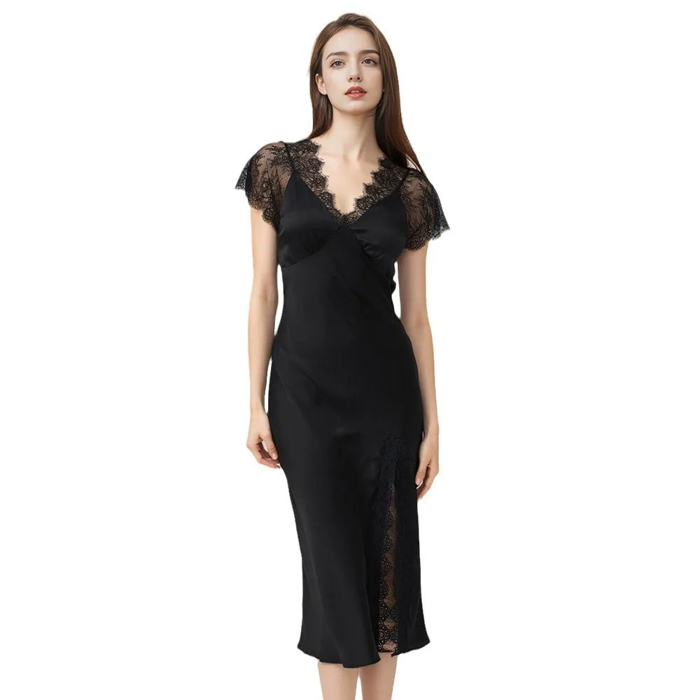 Women Sexy Lace Silk Nightdress 19 Momme Mulberry Silk Slit Design With Chest Pad Sleepwear Outdoor Dress