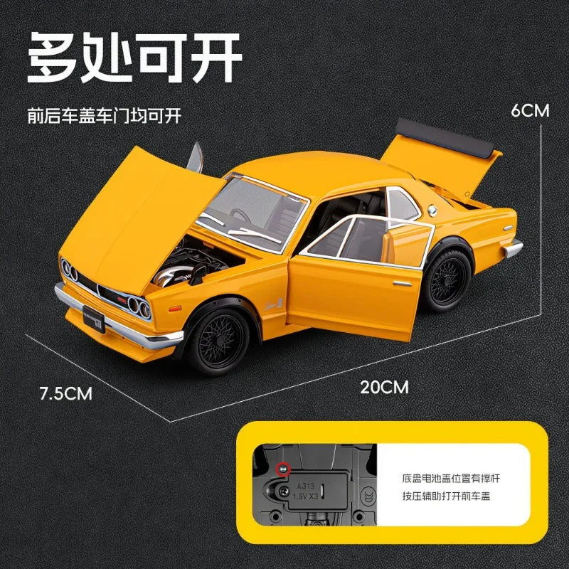1:22 Nissan Skyline GT-R Hakosuka Diecast Alloy Model 4 Openable Parts Sound Light Pull Back for Car Collectors Hobby Display