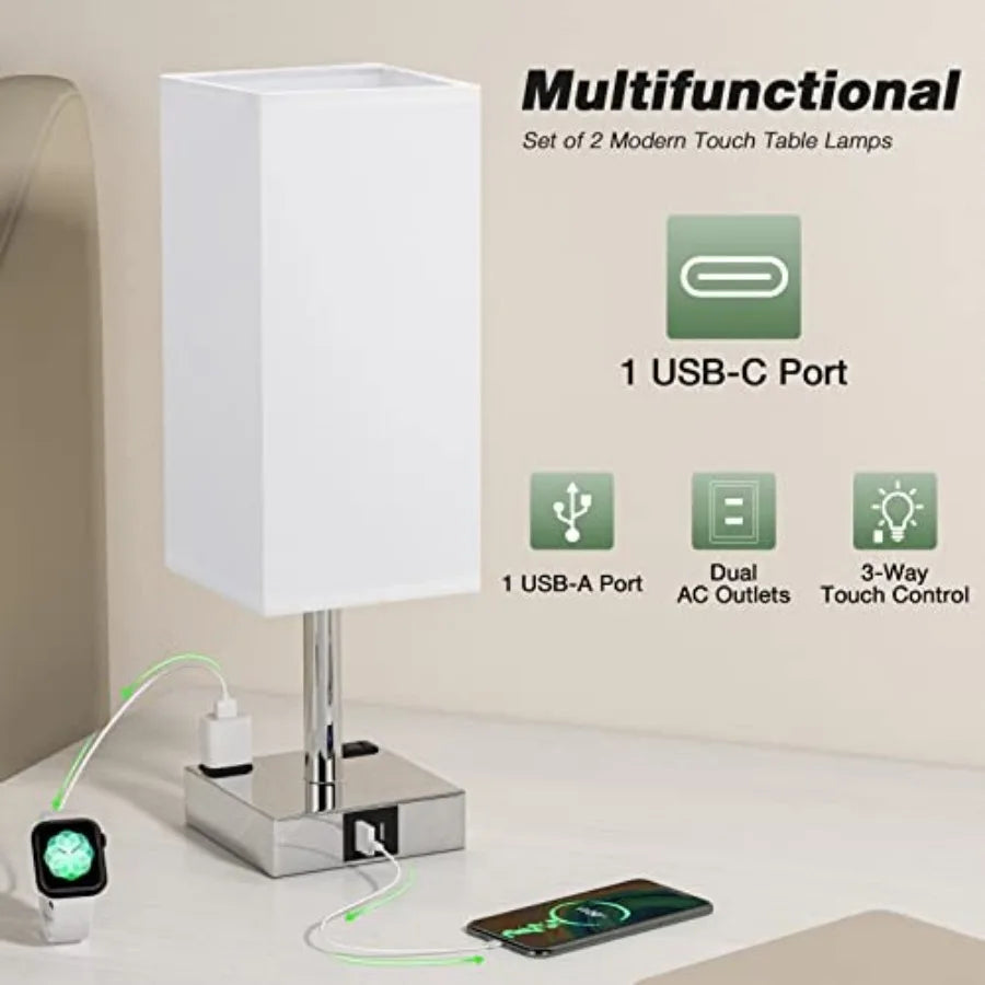Touch Table Lamps Set of 2 for Bedroom - Dimmable, USB C+A, 2 AC Outlets 3-Way Dimming, 3000K LED Bulbs Included, Square White