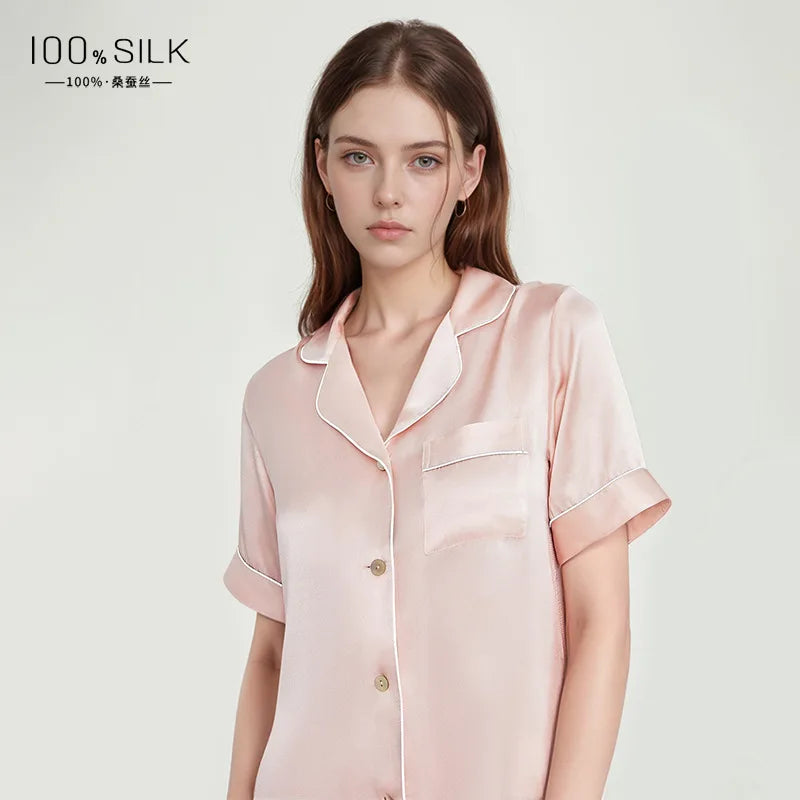 Spring Summer 19 Momme 100% Mulberry Silk Pajama Set Women Short Sleeve Long Pants Luxury Skin-friendly Antibacterial Loungewear