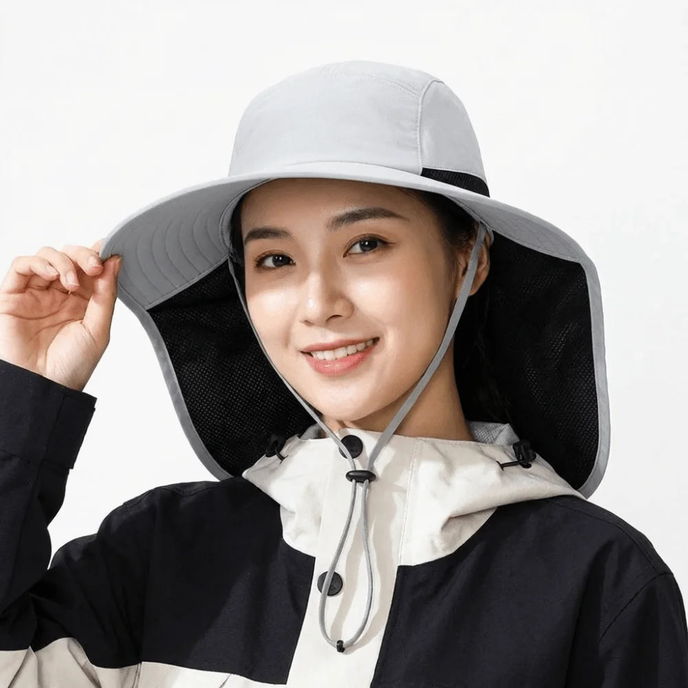 Simple Wide Brim Outdoor Sun Hat UV Protection with Neck Flap Fisherman Cap Breathable Quick-drying Bucket Cap Beach