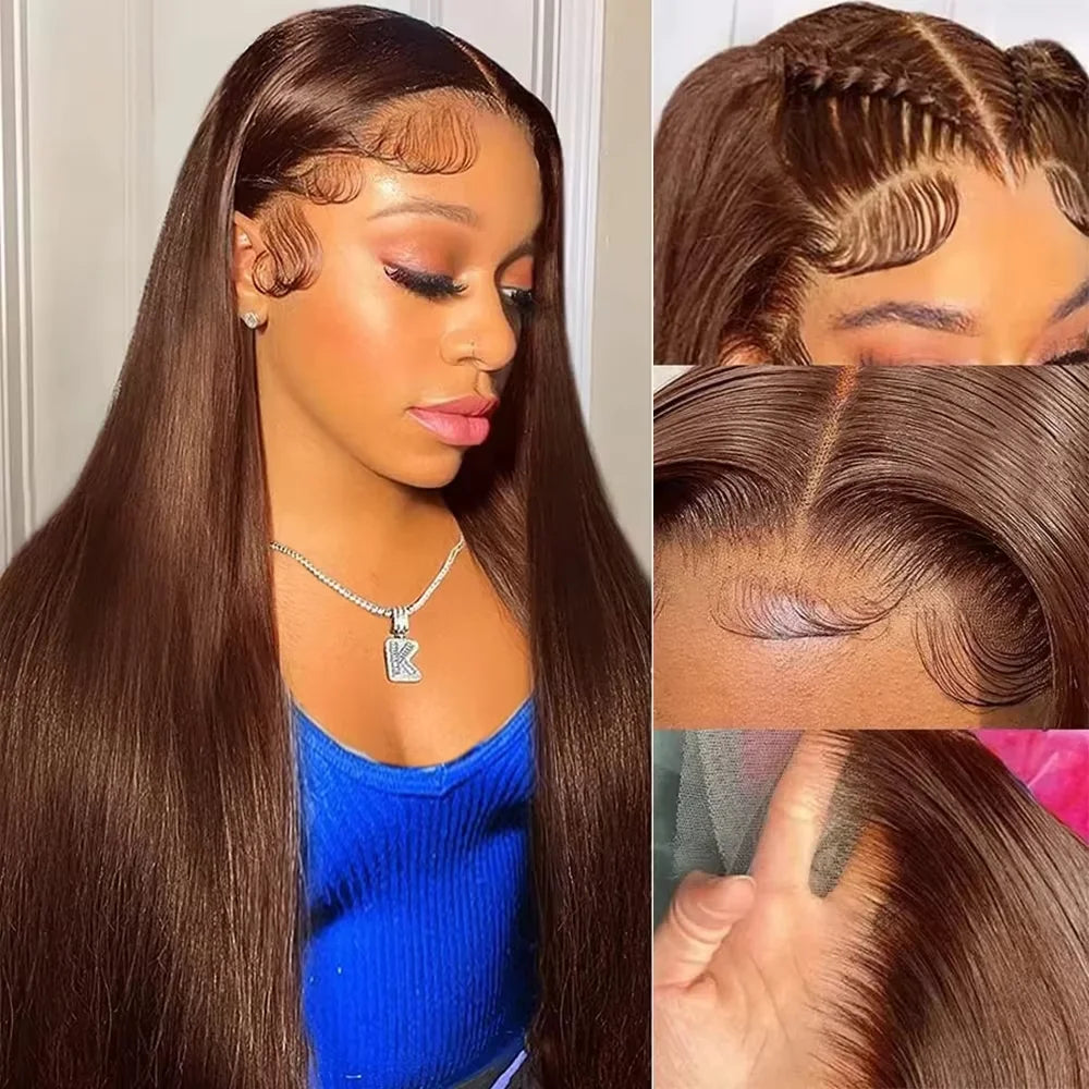 Chocolate Brown 13X6 Straight Human Hair Wigs 13X4 Hd Lace Frontal Wig 220 Density Colored Pre Plucked Brazilian Lace Front Wig