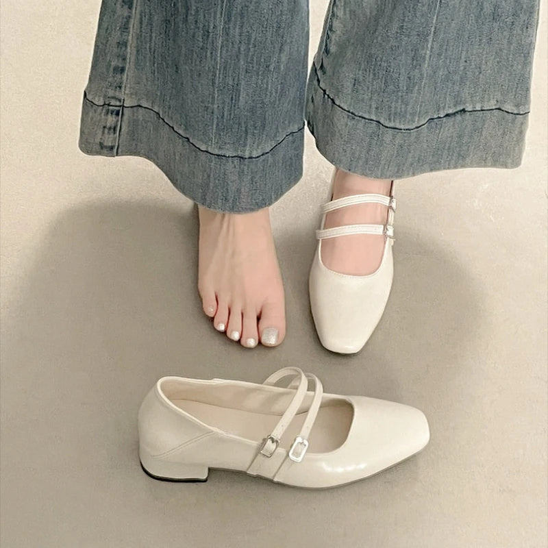 Square Toe Low Heel Women Silvery Mary Jane Shoes Fashion Elegant Belt Buckle Shoes Ladies Comfort Street Style Leather Shoes