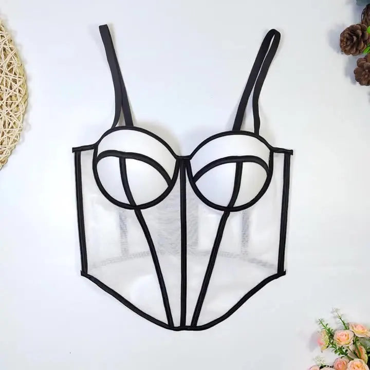 Mesh Transparent Contrasting Lines Women Bustie Sexy Bow Ribbon Ladies Corset Multi Colors Party Blackless Cropped Top Tank Top