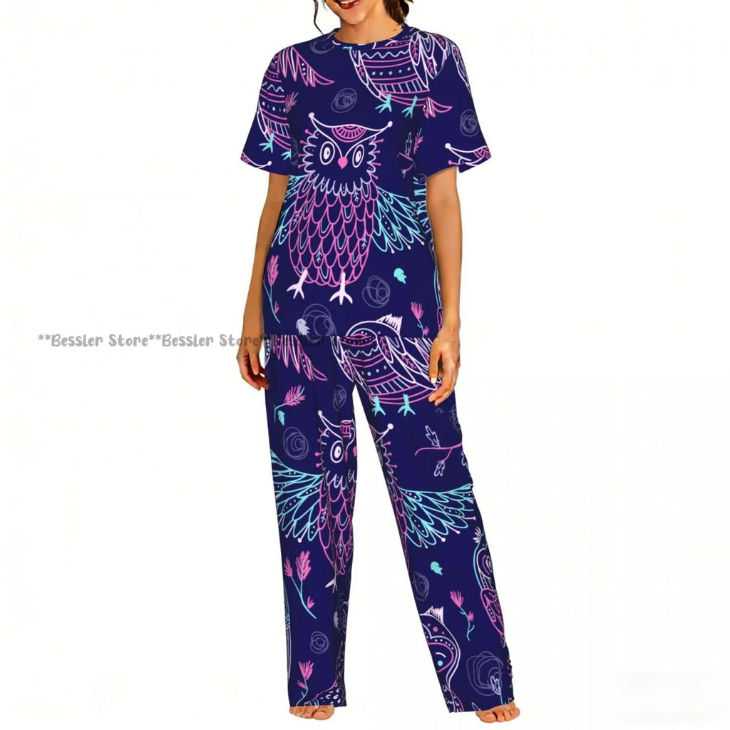 Women's 2-piece set Halloween Owls Bats Pattern Pajamas Short sleeved Top and Pants Sleepwear