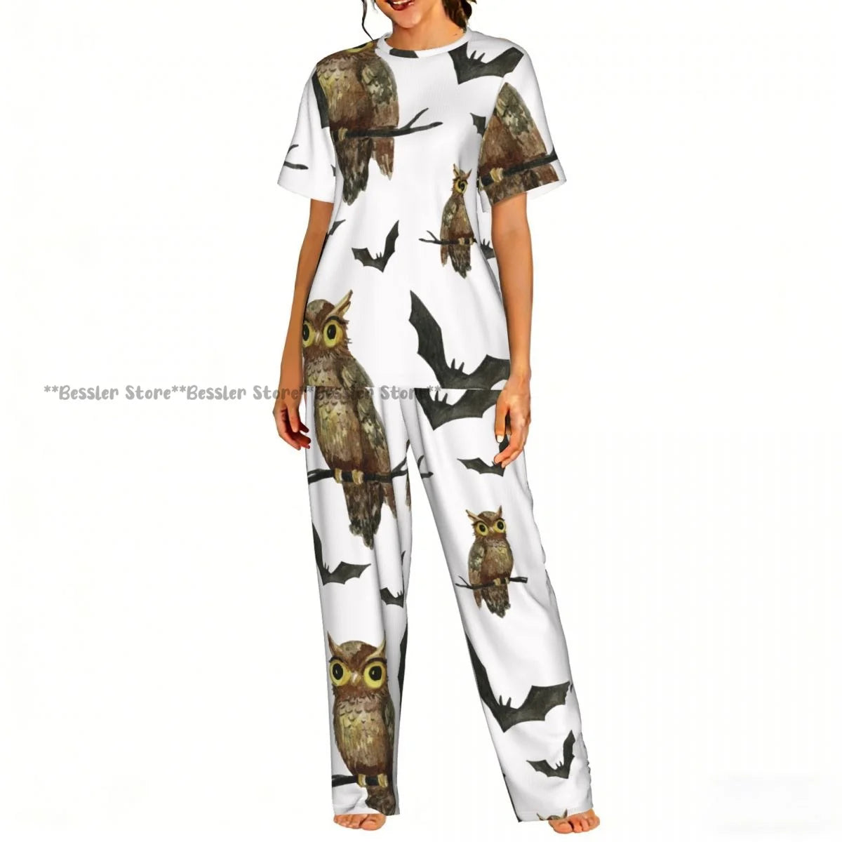 Women's 2-piece set Halloween Owls Bats Pattern Pajamas Short sleeved Top and Pants Sleepwear
