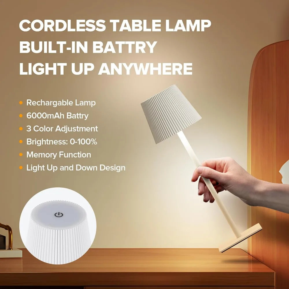 2 Pack Cordless Table Lamp 6000mAh Battery, Adjustable Heights, Waterproof, Touch Control & 3 Color Dimming