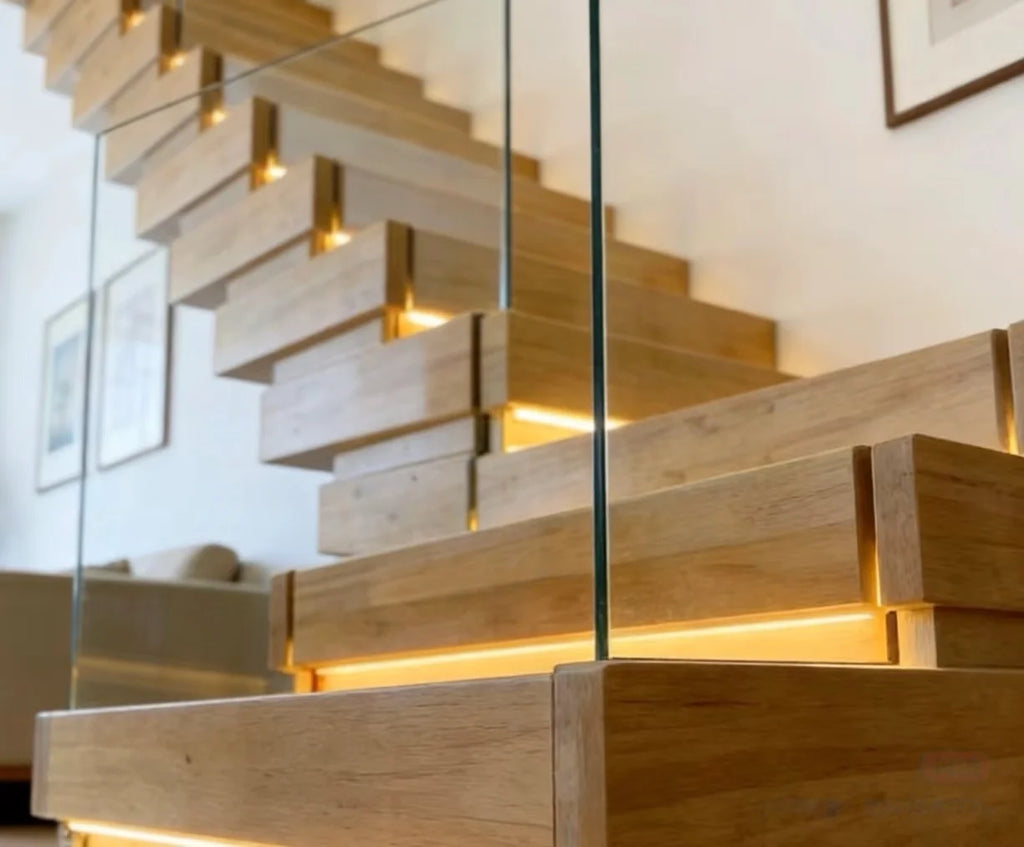 Solid Wood Stackable Staircase Step Lights Natural Oak Finish Recessed LED Glass Railing Customizable Indoor Villa Modern Homes
