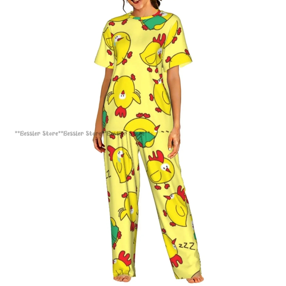 Women Pajama Sets Lounge Sleepwear Crispy Fried Chicken Pattern Short Sleeve Nightwear