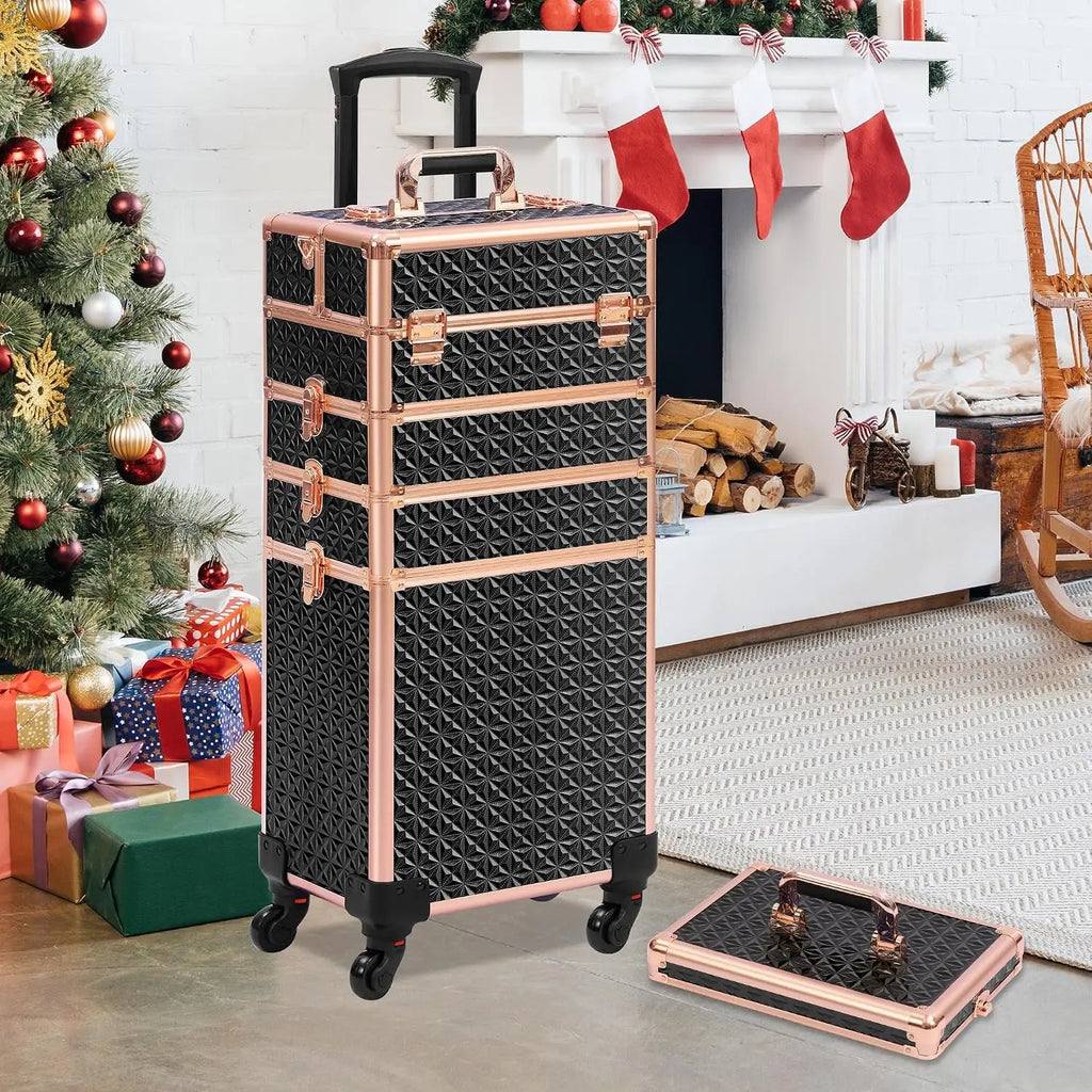 Rolling Makeup Case Makeup Train Case With Lid 5 In 1 Cosmetology Case On Wheels Large Makeup Organizers Professional Cosmetic Case For Salon Barber Black Gold
