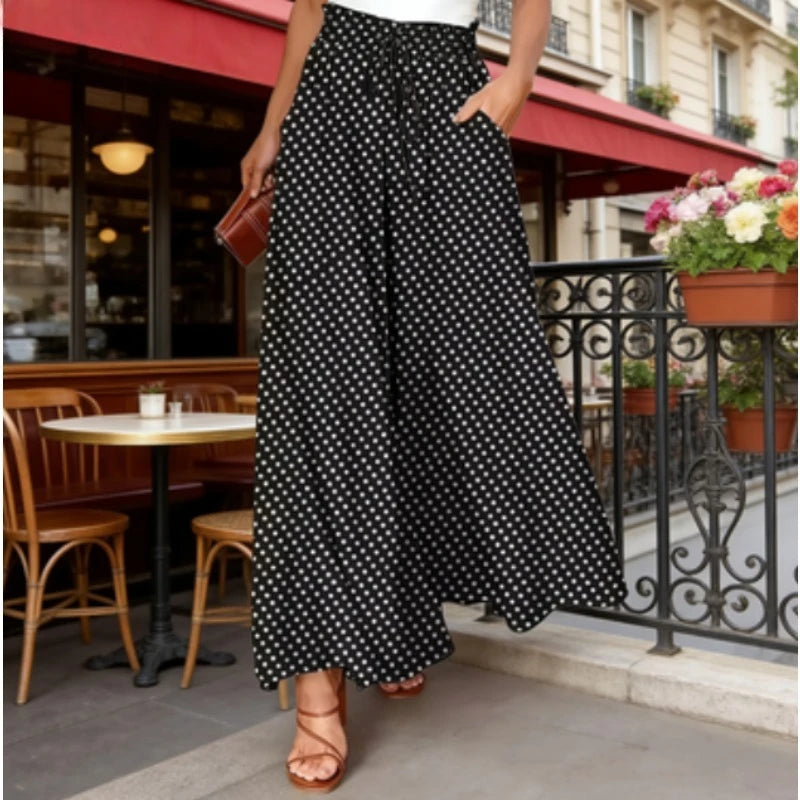 1pcs Bohemian Style Wide Leg Pants Elastic Waist Polka Dot Print Long Skirt Pants for Women