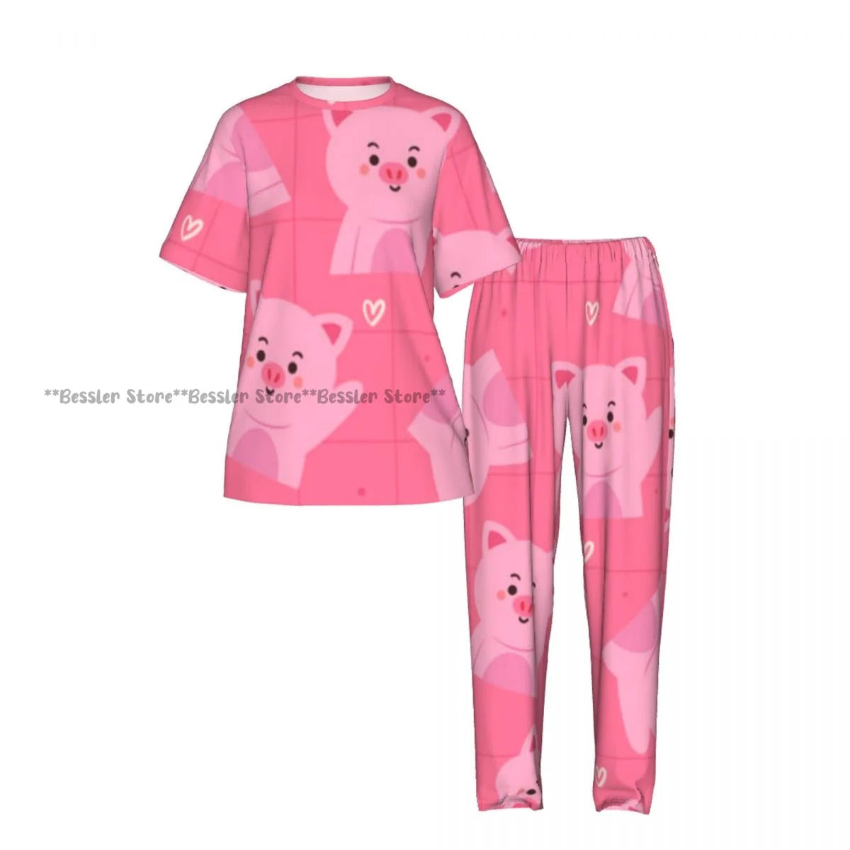 Women Pajama Sets Lounge Sleepwear Cartoon Pig Pink Background Short Sleeve Nightwear