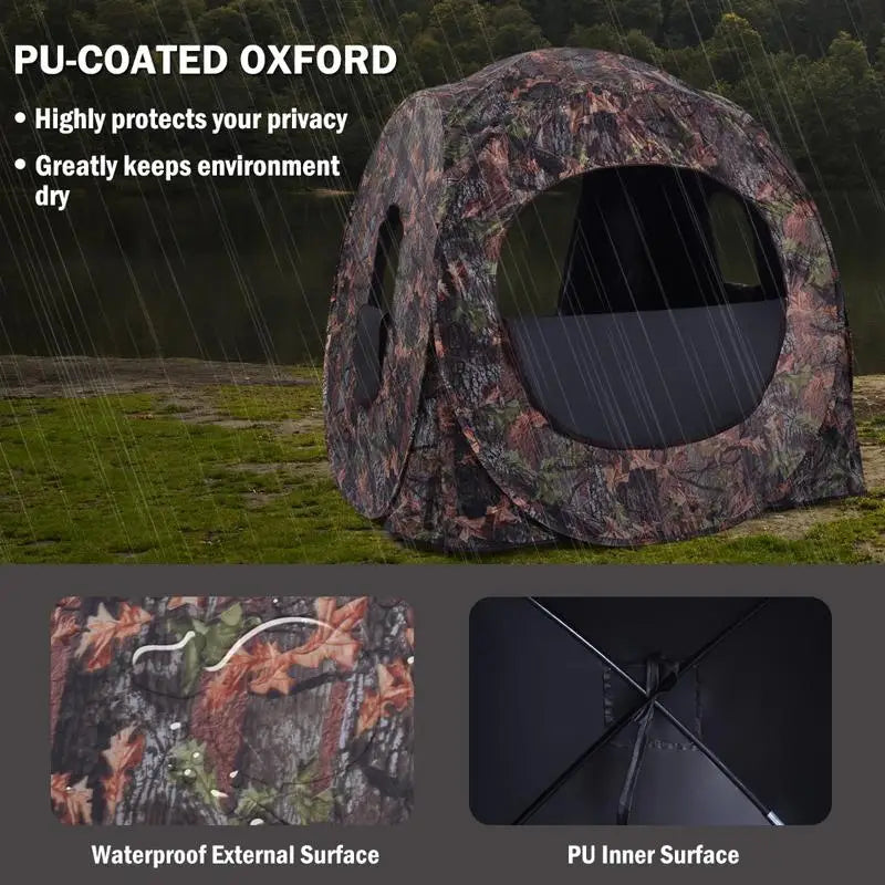 3 Person Pop Up Hunting Tent, PU Oxford Fabric, Steel Frame, 270 Degree View Window, Concealed Outdoor Observation, Carry Bag, Camouflage, 152x152x163 Cm