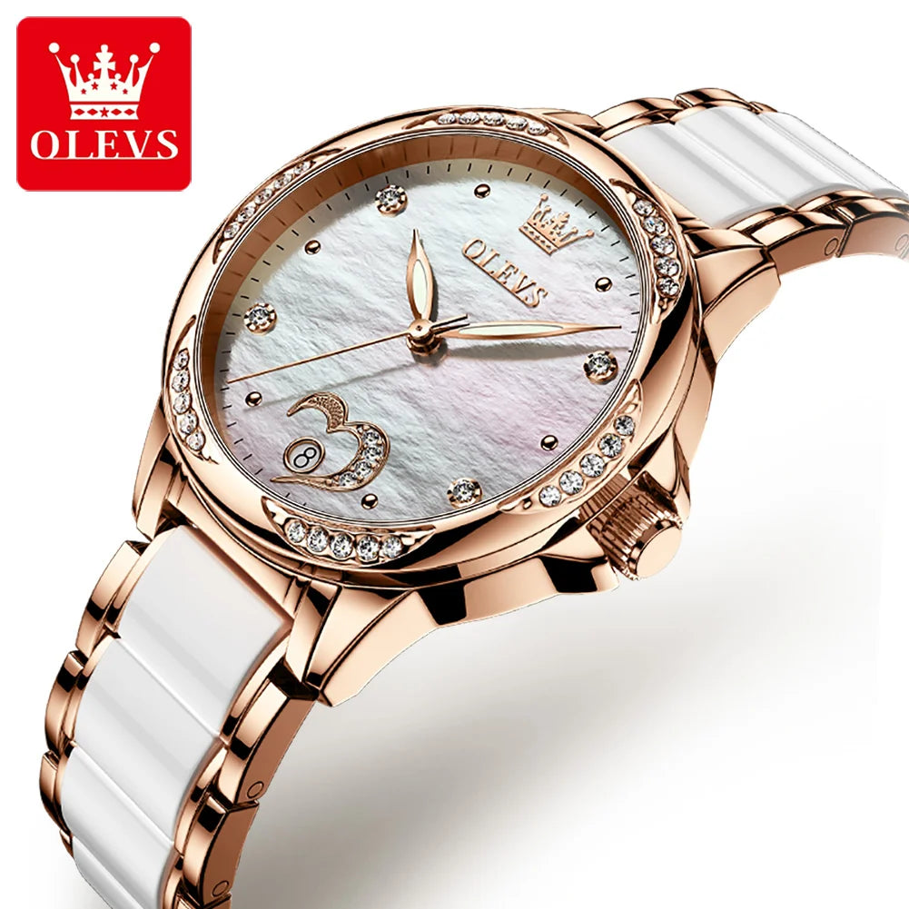 OLEVS Elegant Fashion Women's Watches Ceramic Strap Original Brand Automatic Mechanical Wristwatch for Lady Waterproof Date Love