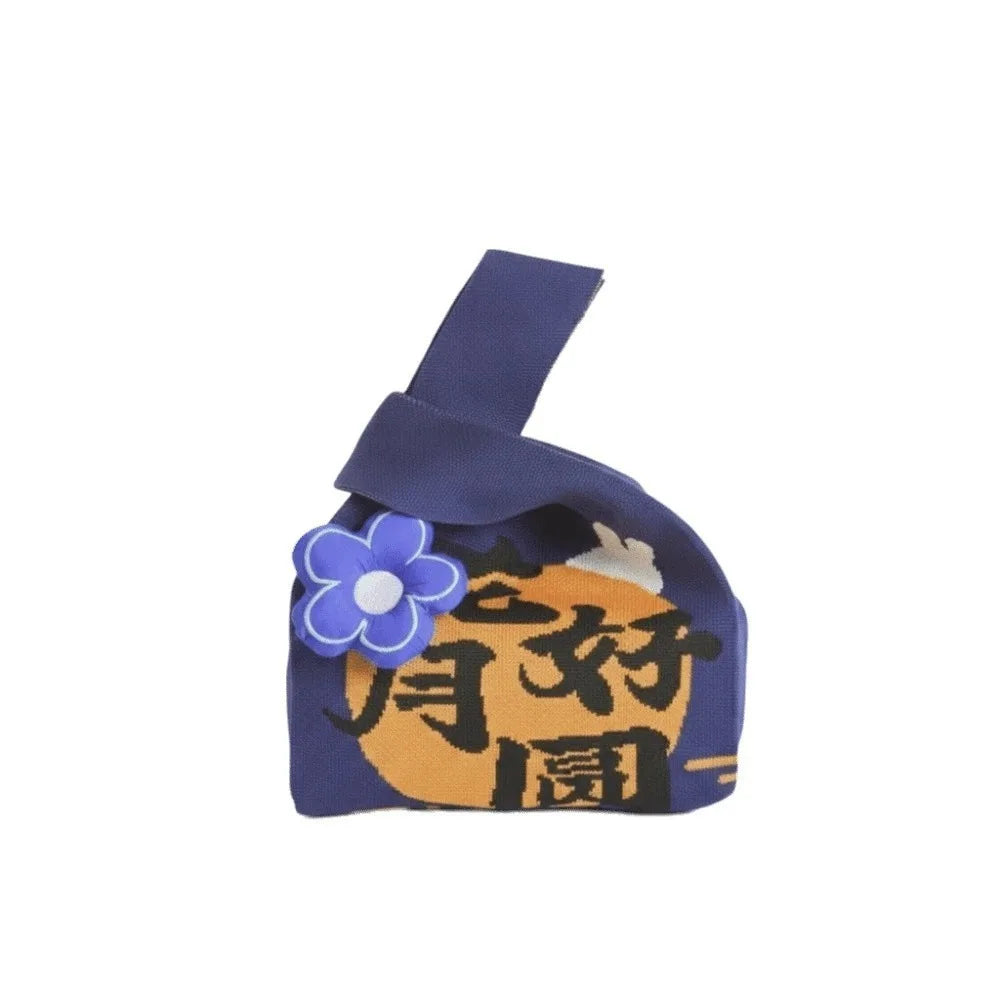 Knit Fabric Knit Wrist Bag Double Sided Thick Woven Rabbit Gift Pouch Flower Pendant Cute Cartoon Flower Charm Handbag
