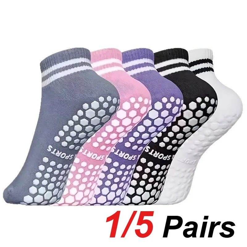 1/5 Pair Women's Silicone Anti Slip Pilates Yoga Socks Sweat Absorbing Breathable Casual Dance Fitness All Season Sports Socks