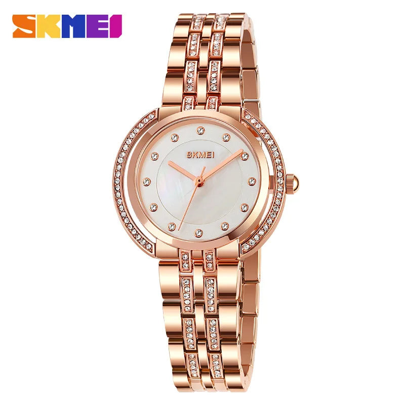 Womens Bracelet Quartz Watches Luxury Rhinestone Dial Zinc Alloy Band Analog Display 3 Bar Waterproof Fashion Wristwatch