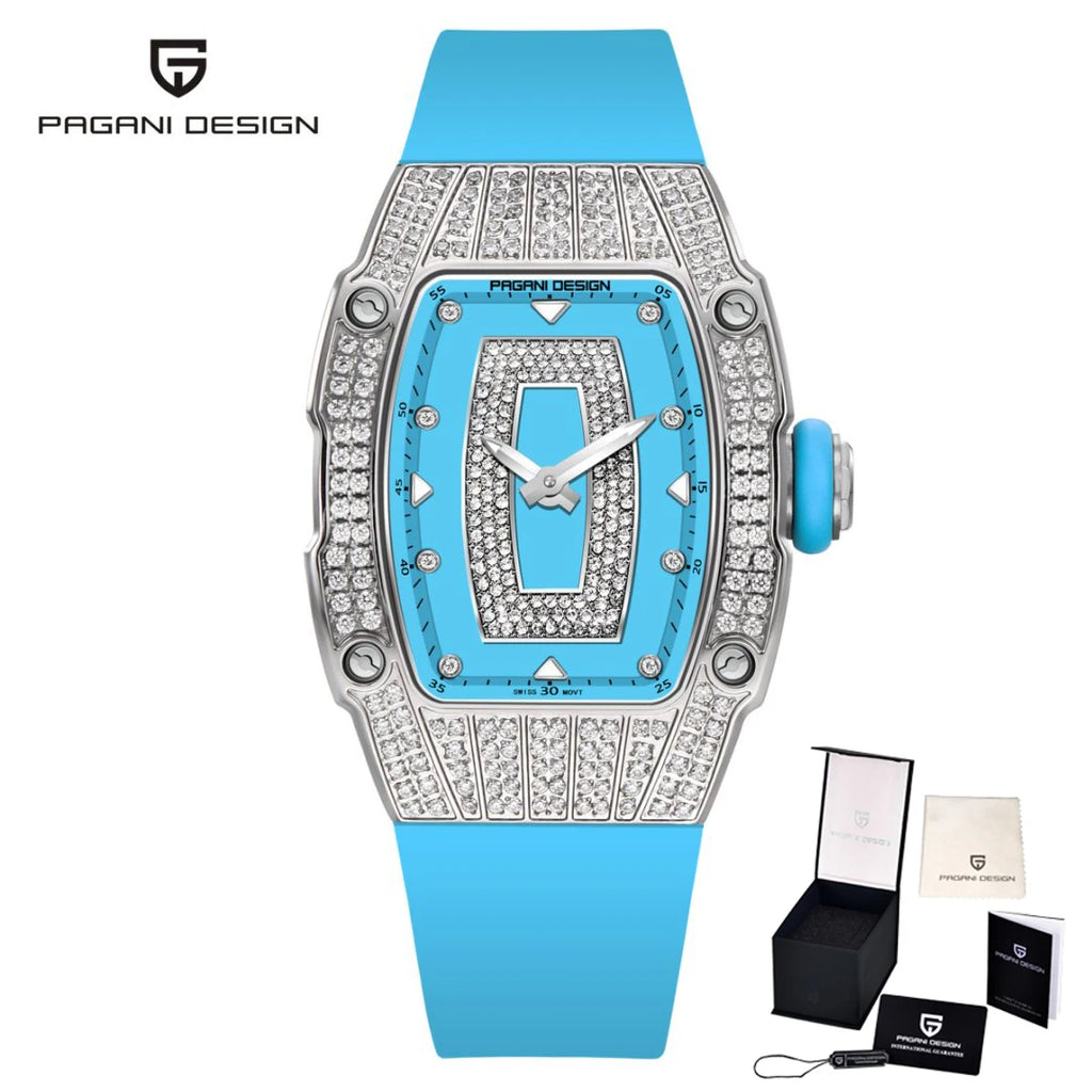 PAGANI DESIGN Top Luxury Diamond encrusted Women's Watch Fashion RubberWaterproof LuminousWine Bucket Case Women'sWatch+Gift Box