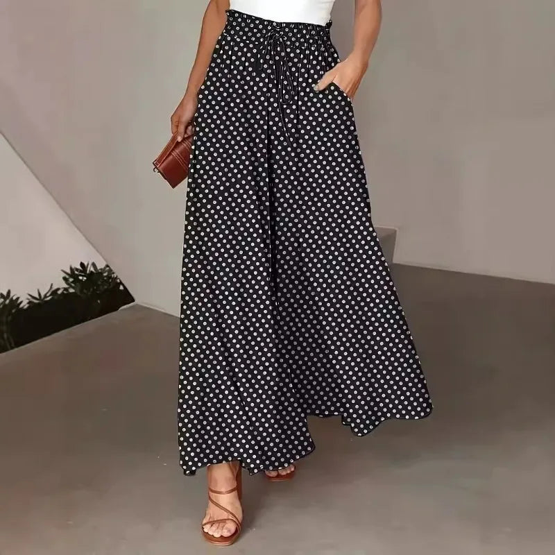 1pcs Bohemian Style Wide Leg Pants Elastic Waist Polka Dot Print Long Skirt Pants for Women