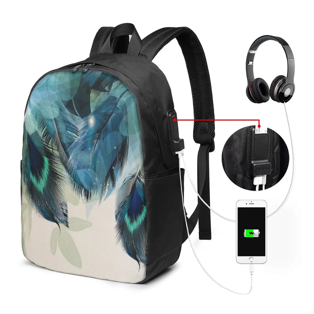 Peacock Feathers On A Black Background Backpack Travel Notebook Bag Computer College Student School Bag Laptop Shoulder Bags