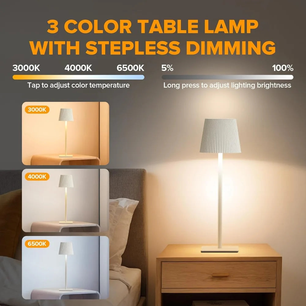 2 Pack Cordless Table Lamp 6000mAh Battery, Adjustable Heights, Waterproof, Touch Control & 3 Color Dimming